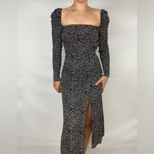 &‎ OTHER STORIES Satin Square Neck MIDI Dress Slit Puff Sleeve Smocked Party